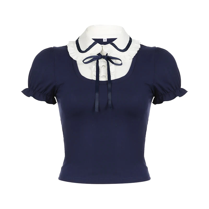 Voguable Preppy Style Contrast Patchwork Bow Peter Pan Collar Top Women's Summer Cute Puff Sleeve T-shirt Y2K voguable