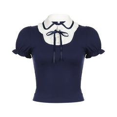 Voguable Preppy Style Contrast Patchwork Bow Peter Pan Collar Top Women's Summer Cute Puff Sleeve T-shirt Y2K voguable