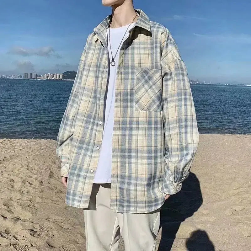 Spring Autumn New Fashion Turn-down Collar Long Sleeve Plaid Blouse Men's Clothing Korean All-match Simplicity Button Y2K Shirts voguable