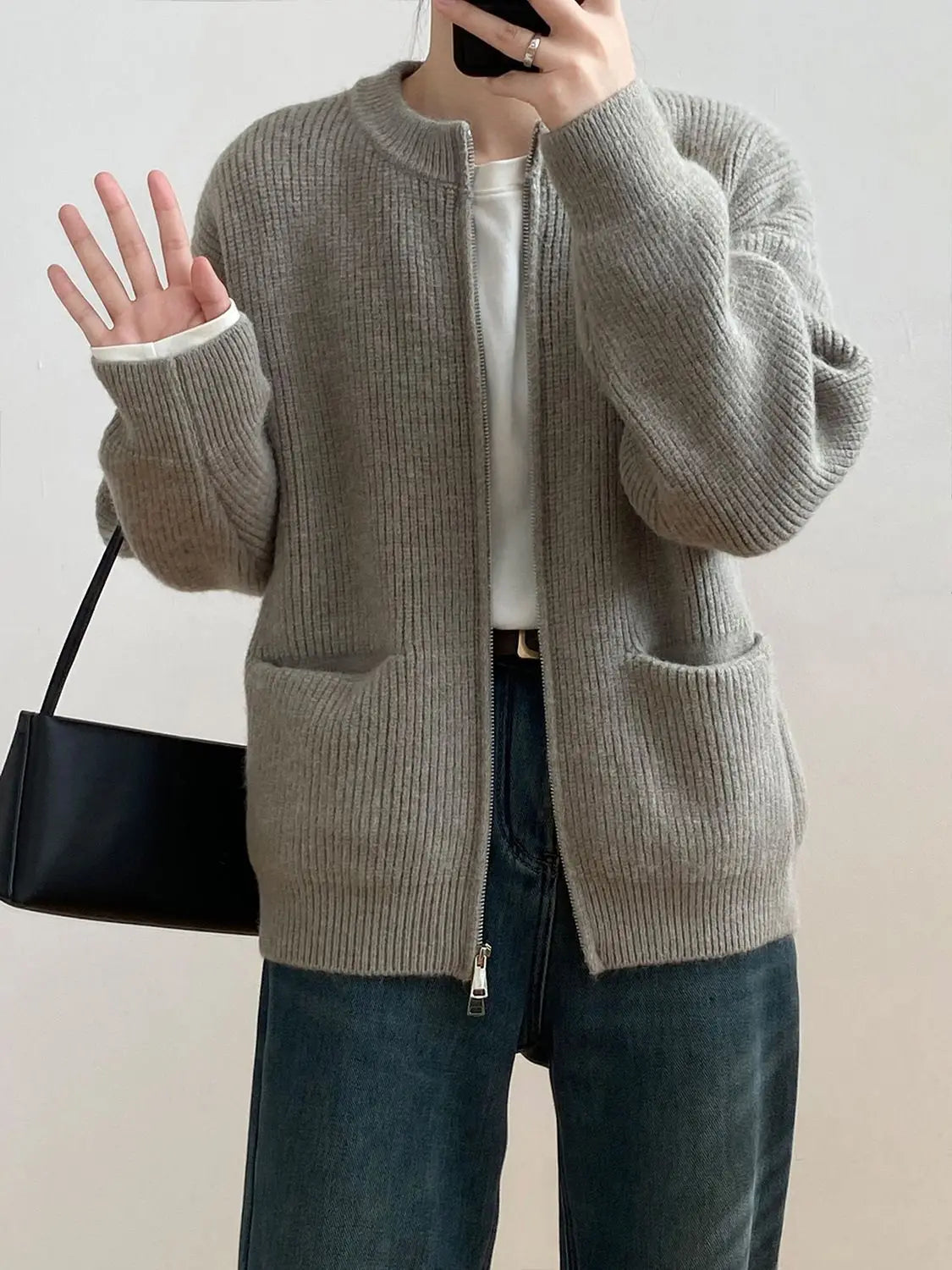 Sweater Cardigan Women Autumn Double Zipper Casual Korean Knitwear Coat Solid Color Loose Soft Long Sleeve Jackets Outerwear voguable