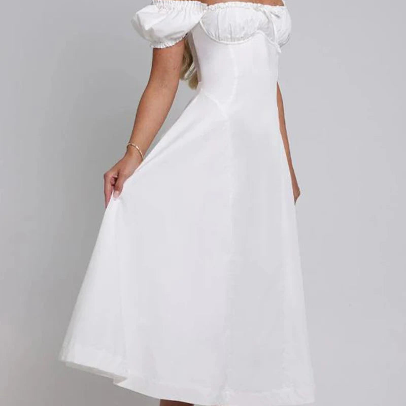 New Women Sexy Off Shoulder Elegant Party Dresses Short Sleeve Lace Up Back A-line Midi Summer Dress Blue White Robe voguable