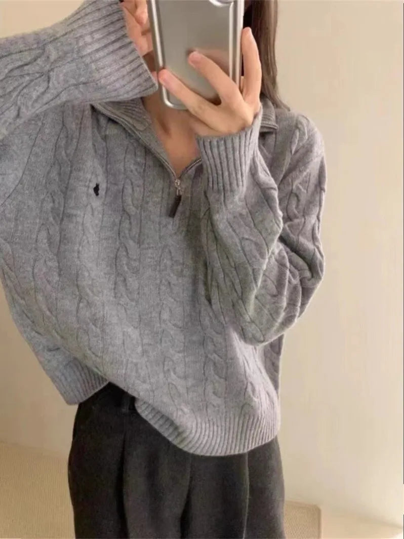 Voguable  Y2k Vintage Streetwear Knitted Pullovers Women Korean Style Casual Losse Zipper Solid Embroidery Sweater Autumn 2024 voguable