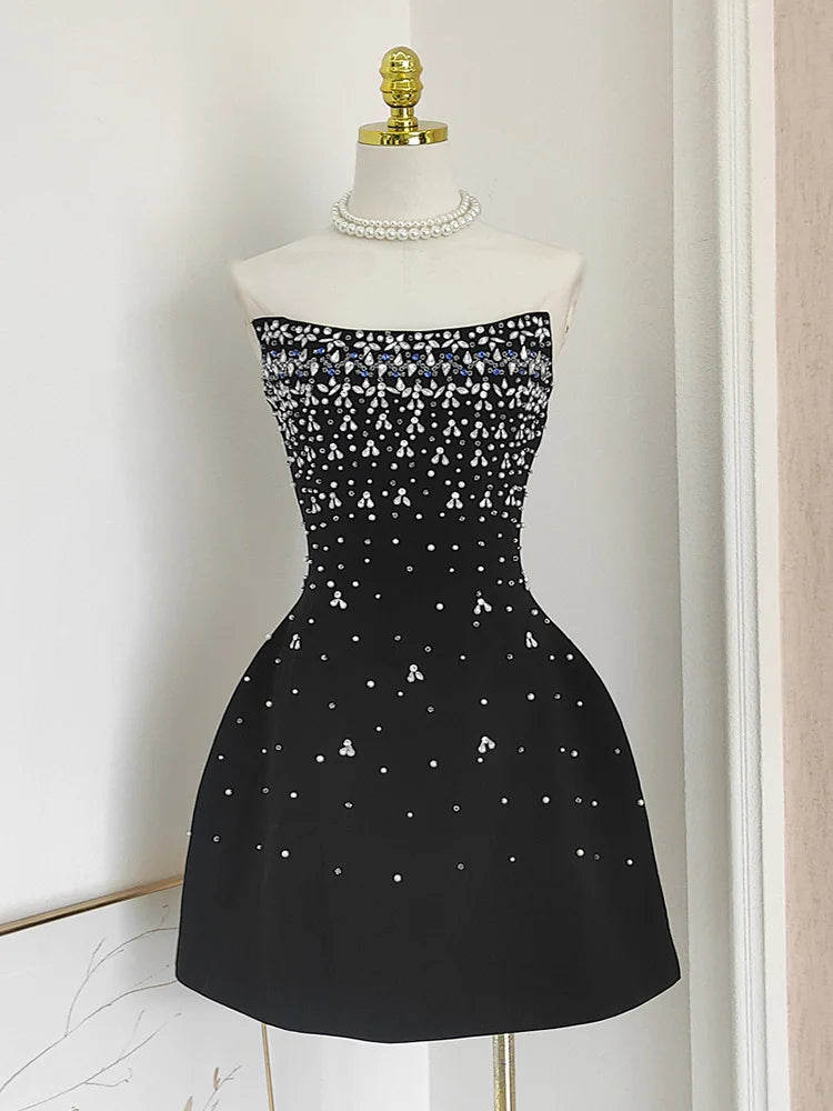French Style Diamond Spliced Party Maxi Dresses For Women Slash Neck Sleeveless High Waist Black Female Dress 2025 voguable