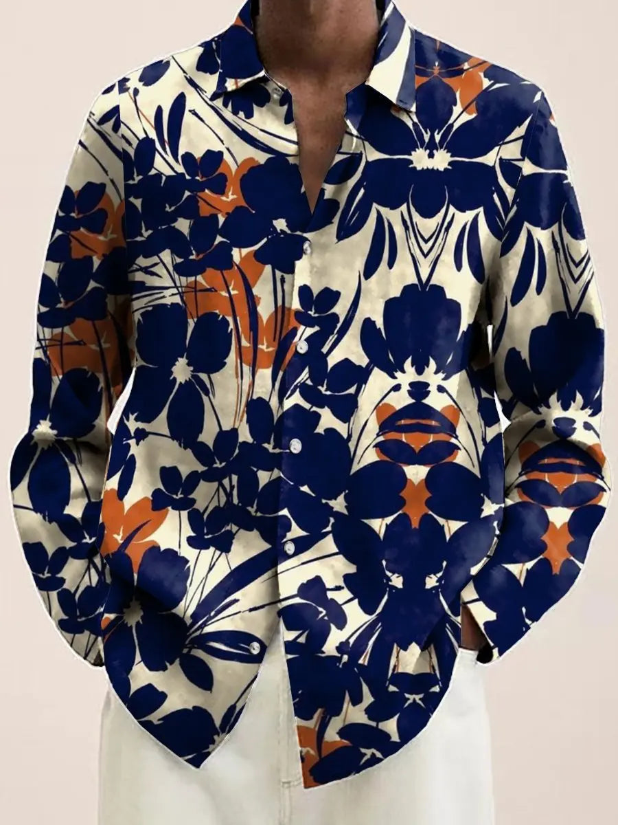 Mens Red Floral Print Long Sleeve Shirt Fashion Design Luxury Long Sleeve Tops Mens Four Seasons Button Lapel Shirt voguable