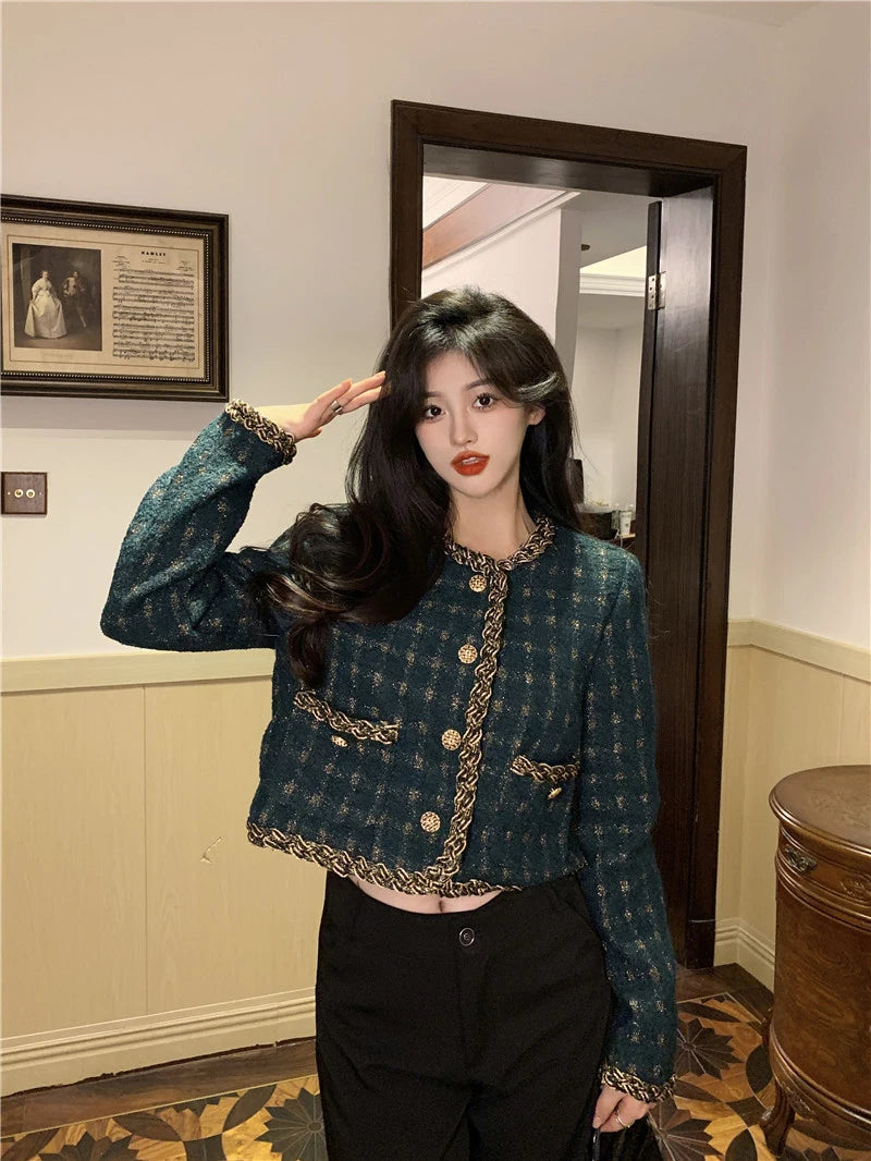 Vintage Cropped Tweed Jacket Women Elegant Blazer Korean Single Breasted Short Coats Autumn Winter Chic Suit Outerwear New voguable