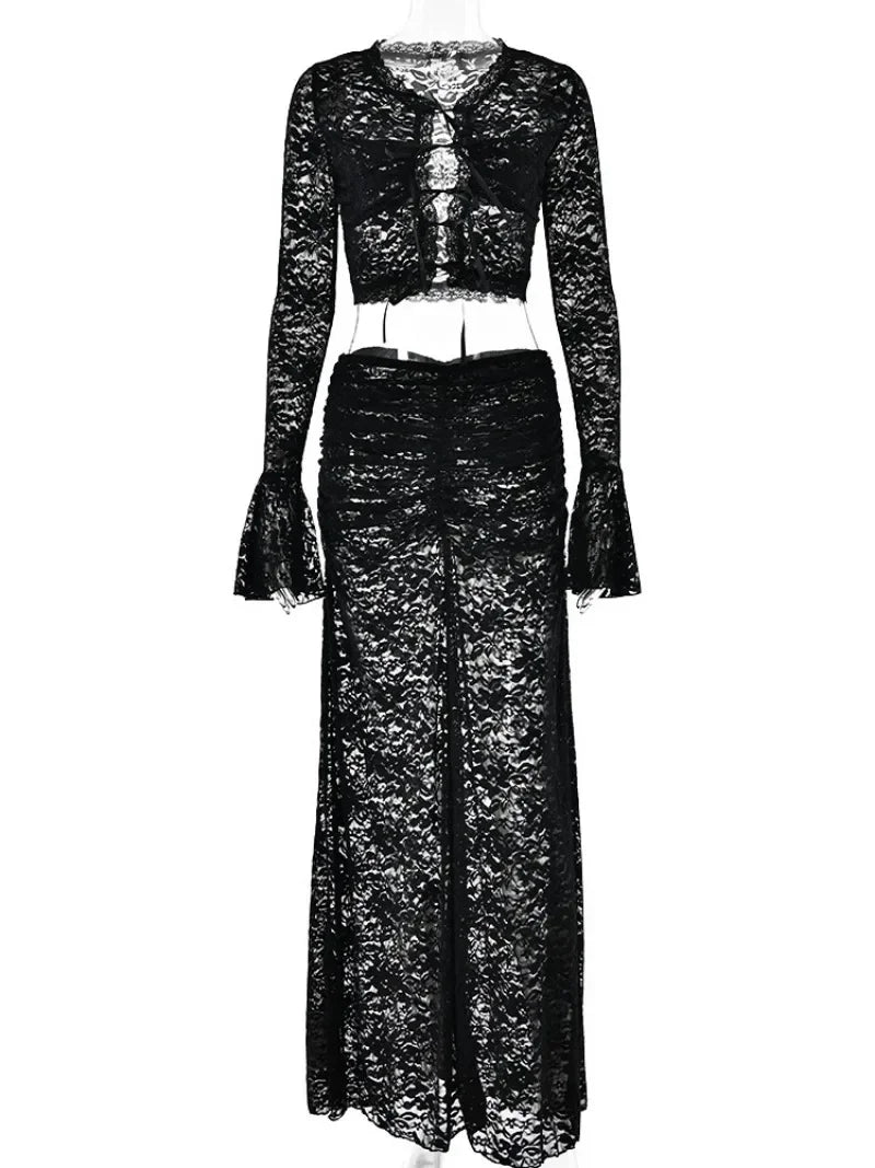 New Elegant Women's Bandage Flare Sleeve Tops+High Waist Long Dresses Sets Female Sexy See-through Lace Skirts 2 Pieces Set voguable