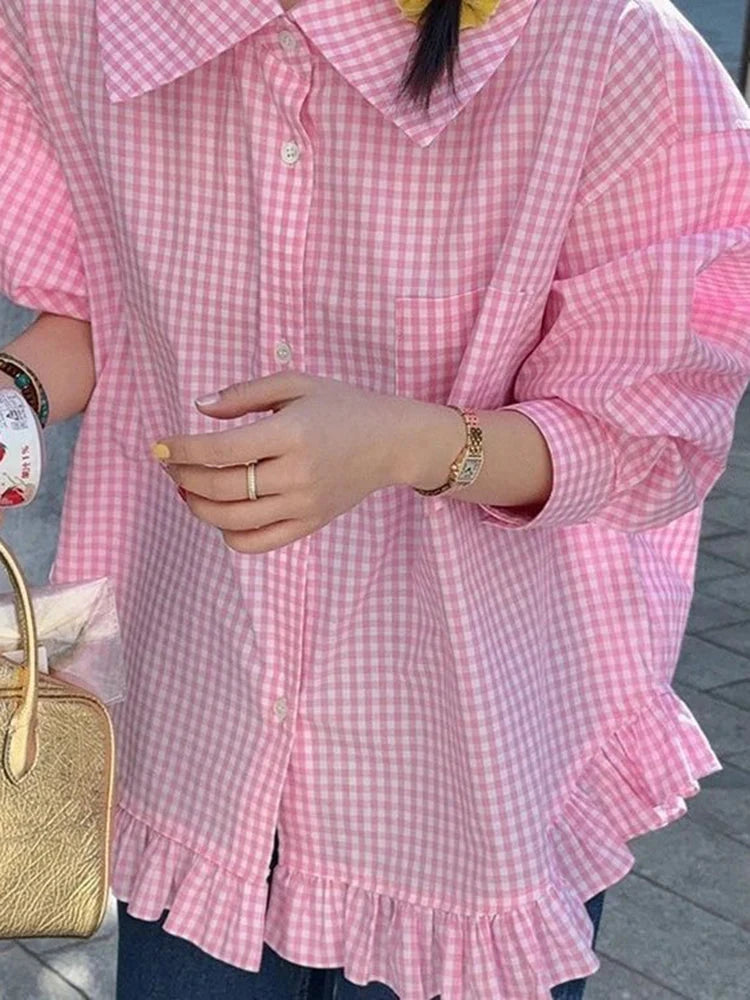 Vintage Black Plaid Shirt Women Loose Sweet Preppy Style Long Sleeve Blouse Fall Casual Retro Cute All Match Female Tops New voguable
