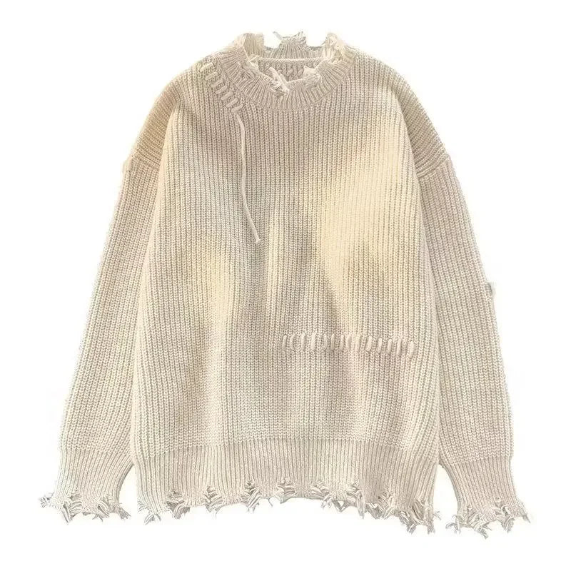 Voguable  Knitted Sweaters for Men Solid Color Crewneck Man Clothes Pullovers Round Collar Plain with Holes Beige Torn Thick Winter Street voguable