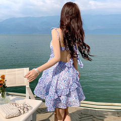 French Style Women Sleeveless Ruffles Camisole Dress Sexy Backless Beach Vacation Dress Floral Printed Fairy Casual Short Dress voguable