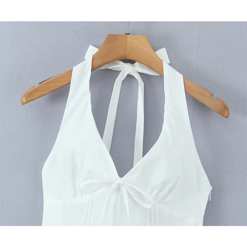 Sexy Deep V Halter White Mini Dress Women Fashion Backless A-line Elegant Party Dresses Summer Robe Lace Up Vestidos voguable