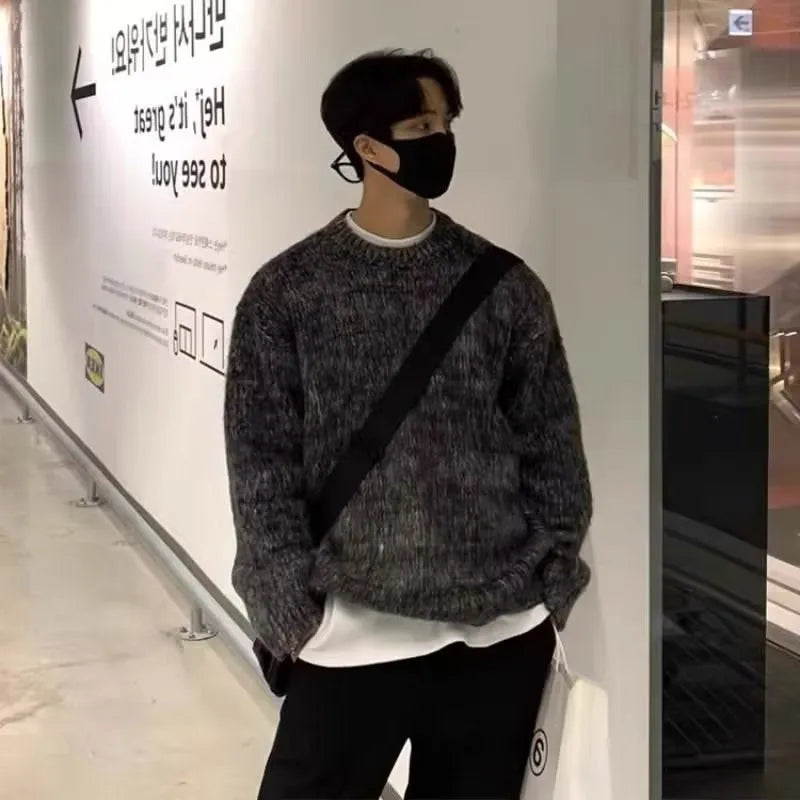 Autumn Clothing Men's Luxury Knitted Mohair Pullover Sweater Casual Long Sleeve Solid Color O Neck Vintage Korean Male Clothes voguable