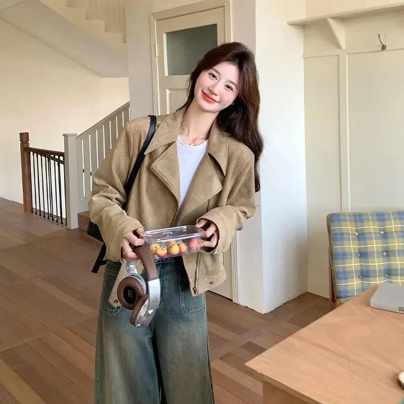 Retro Biker Faux Suede Jacket Women Fall Casual Long Sleeve Slim Short Coat Streetwear American Hip Hop Harajuku Tops New voguable