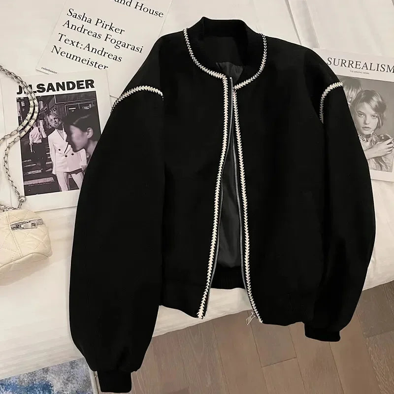 Vintage Stripe Splicing Women Jacket Y2K Autumn Korean V Neck Loose Baseball Coats Female Harajuku All-Match Warm Outwear New voguable