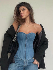 Voguable  Strapless Denim Corset Women Backless Lace-up Sexy Bustier Night Clubwear Elegant Basic Tube Top Y2K Jean Cami Ladies voguable