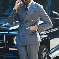 New Grey Stripe Mens Suits For Groom Tuxedos Peaked Lapel Slim Fit Blazer Two Piece Jacket Pants Man Tailor Made Clothing voguable