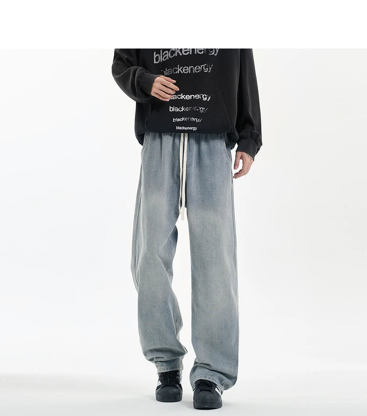New Men's Jeans Washed Jeans Pants Unisex Drawstring Denim Pants Male Streetwear Korean Straight cylinder loose Cowboy Trousers voguable