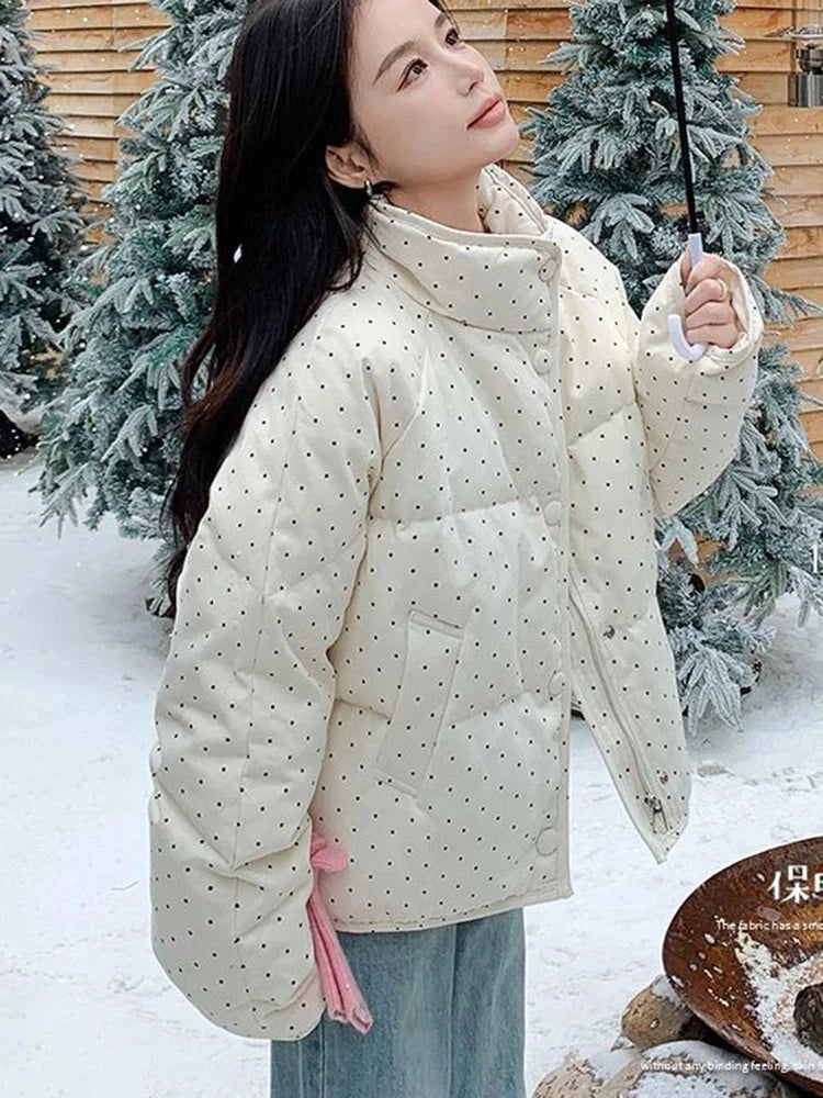 Dot Sweet Warm Parkas Women Long Sleeve Retro Winter Thick Cute Cotton Coat Casual Stand Collar Pockets Korean New Jacket voguable