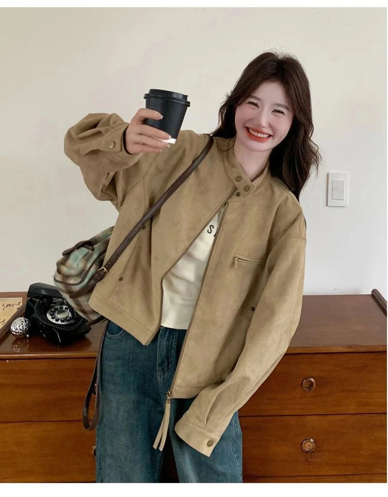 Women Faux Suede Y2K Jacket Streetwear Loose Long Sleeve Vintage Coat American Casual Harajuku Retro Stand Collar Fall Tops voguable