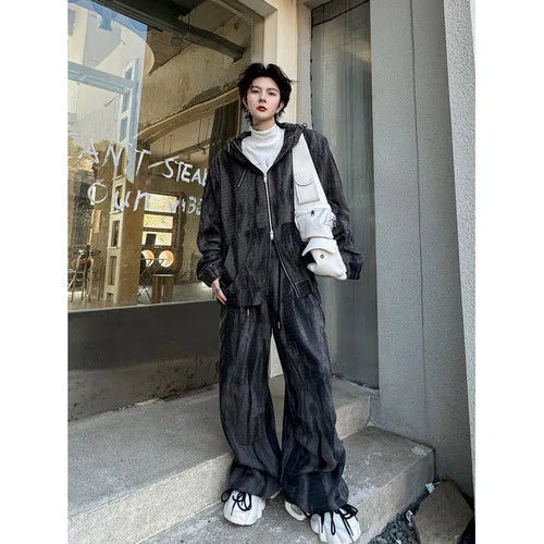 Voguable 2024 Spring Tie-dyed Design Fashion Loose High Street Hooded Jacket Loose Casual Pants Men's Trendy Two-piece Sets voguable