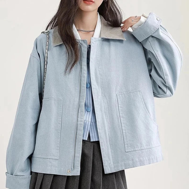 Blue Cargo Jacket Women Sweet Preppy Style Long Sleeve Retro Coat Casual Patchwork Turn Down Collar Korean Fall Outwear Top voguable