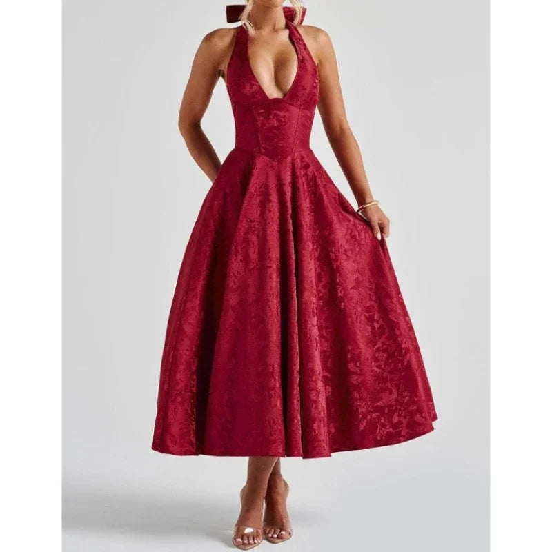 Elegant Sexy Evening Party Dresses Women Korean Style Halter V-neck Dress Sweet Backless Yellow Summer Solid Midi Dress voguable