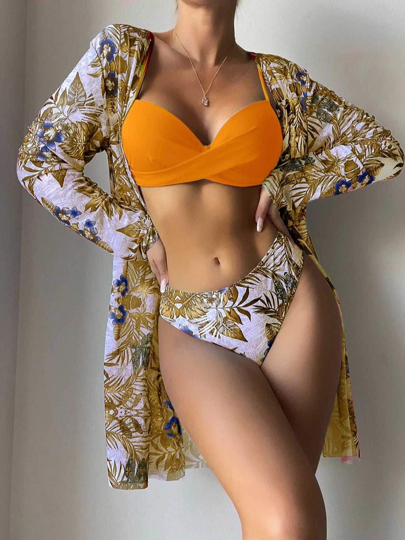 Voguable  Print Beach Cover Up And Bikini Set Sexy Swimwear Women Hollow Out Swimsuit High Waist Biquini Female Three Piece Beachwear voguable
