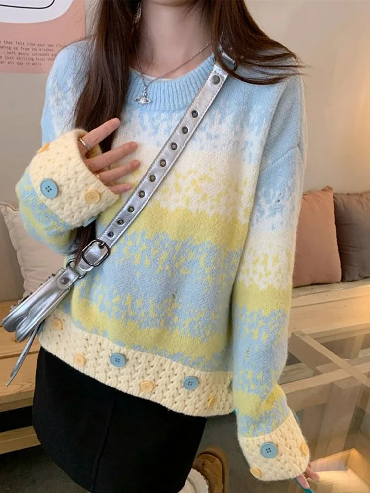Hole Y2K Gradient Striped Sweater Women Vintage Preppy Style Long Sleeve Knitted Pullovers Casual O Neck Buttons Sweet Jumper voguable