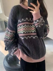 Pullovers Women Loose Vintage Jacquard Autumn Fashion O-neck Comfort Temper Sweater All-match Korean Style Casual Knitted Basic voguable