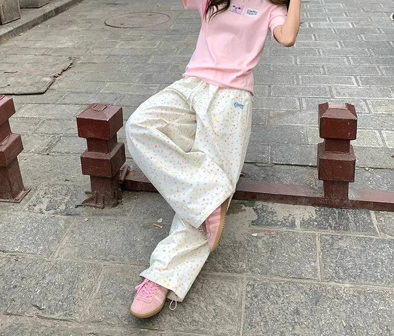 Stars Print Letter Cargo Pants Women Sweet Fashion High Waist Wide Leg Trousers Casual Loose Preppy Style Female Cute Pants voguable