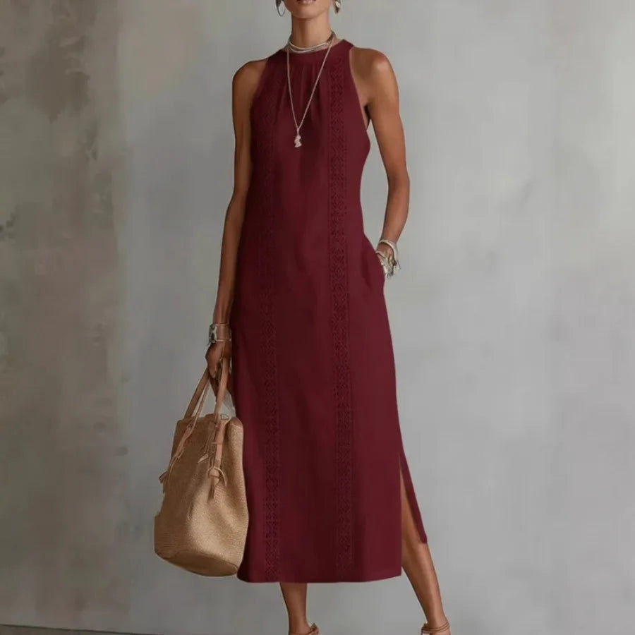 Voguable  European and American - spring and summer women's clothes hanging neck vacation solid color lace splicing sleeveless dres voguable