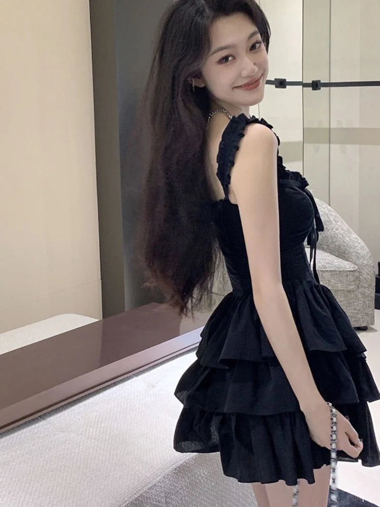 Voguable  Sexy Slip Lolita Style Black Dress Women Vintage Sleeveless Y2K Mini Dress Summer Slim Sweet Korean Lace Up Cake Dress New voguable