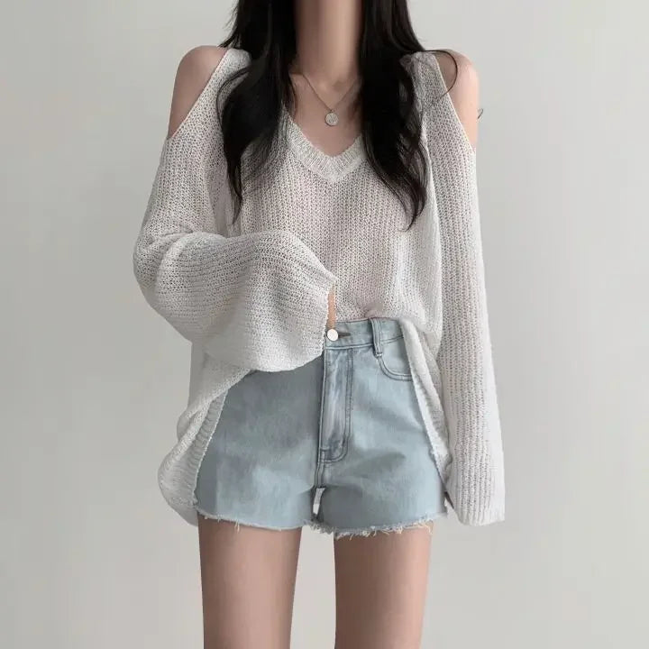 Sexy Off Shoulder Sweater Women V Neck Long Sleeve Thin Knitwear Korean Oversized Loose All Match Casual Female Pullovers New voguable