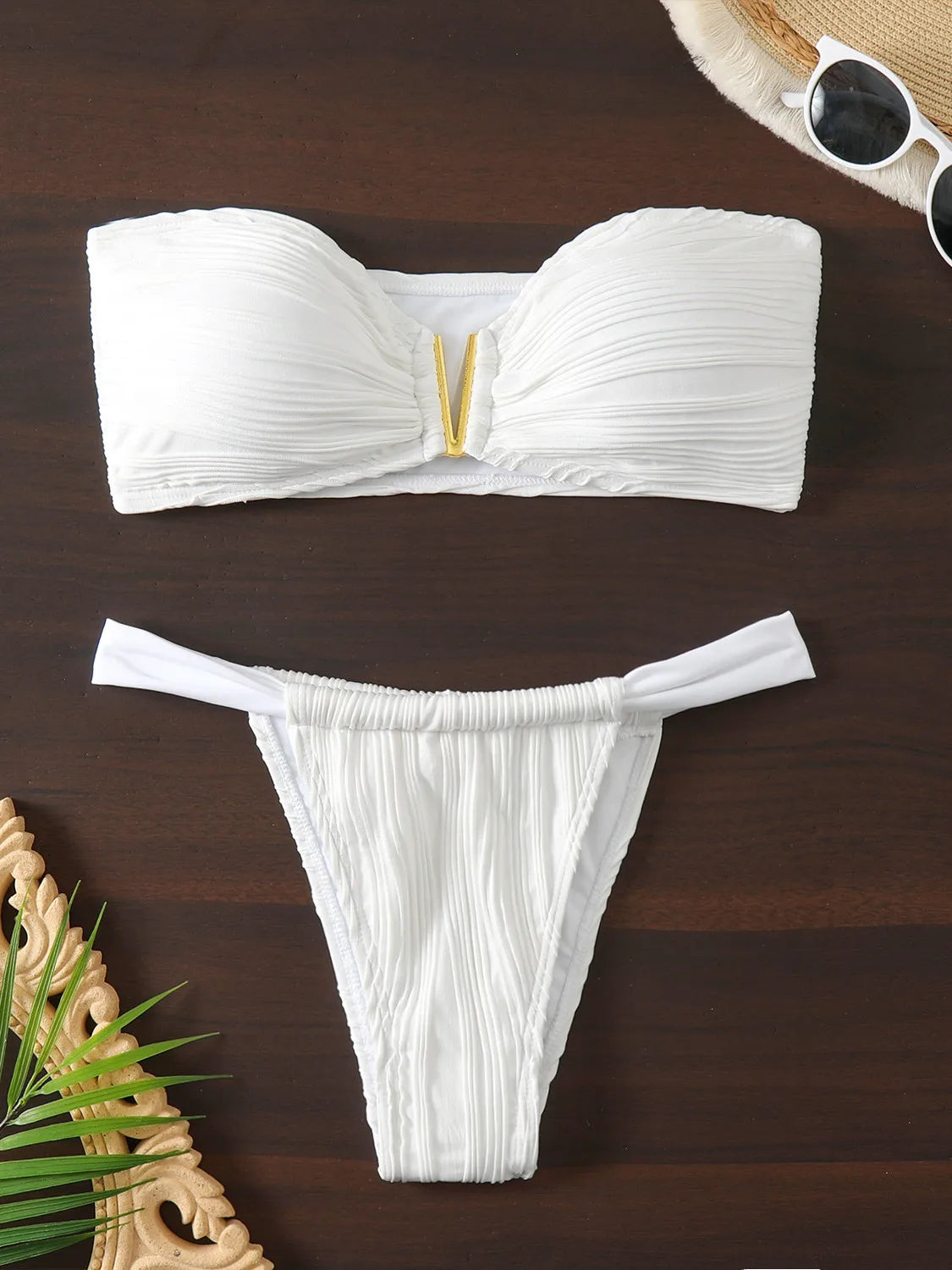 Voguable Sexy Bandeau Bikini Set Women New Metal V Neck Push Up Thong Swimsuit 2024 Beach Solid White Bathing Suit Micro Swimwear Biquini voguable