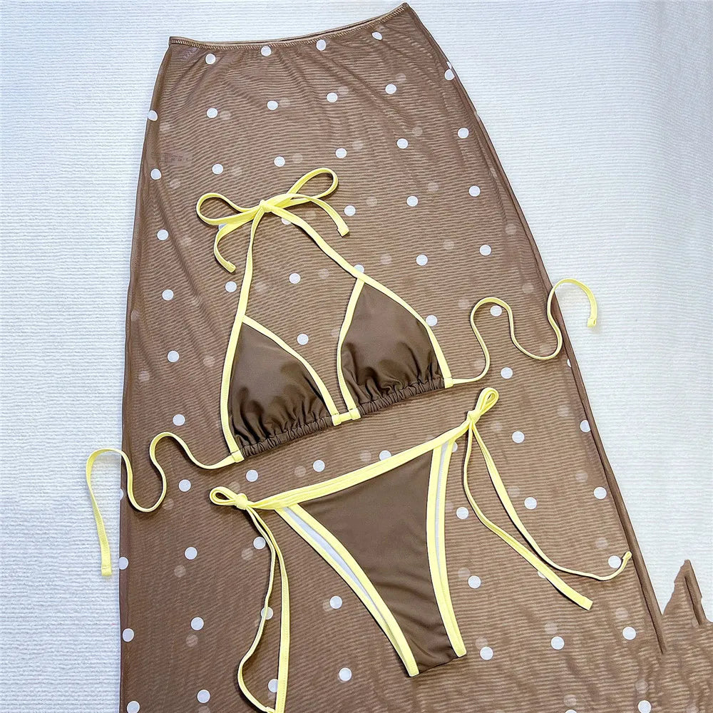 Voguable  Brown Skirts Swimwear Halter String Triangle 3 Piece Bikinis Sets Micro Thong Sexy Swimsuit Women Bathing Suit Beachwear voguable