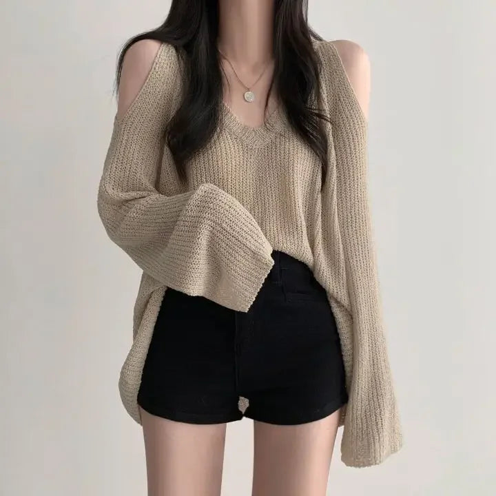 Sexy Off Shoulder Sweater Women V Neck Long Sleeve Thin Knitwear Korean Oversized Loose All Match Casual Female Pullovers New voguable