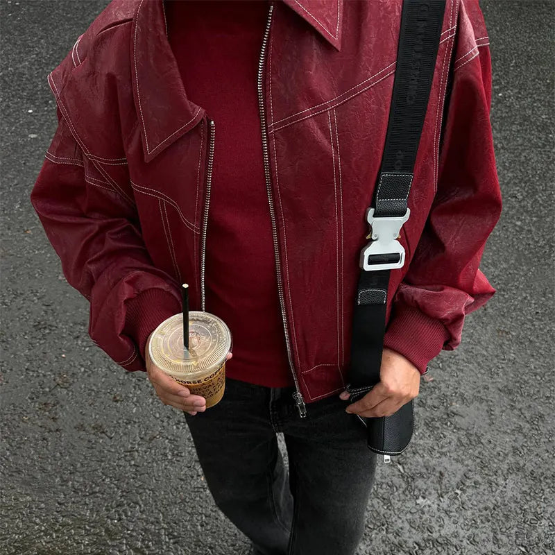 Casual Pu Leather Double Zipper Long Sleeve Coat  Trendy Green Faxu Leathers Lapel Men's Baggy Bomber Jacket Chic Outwear voguable