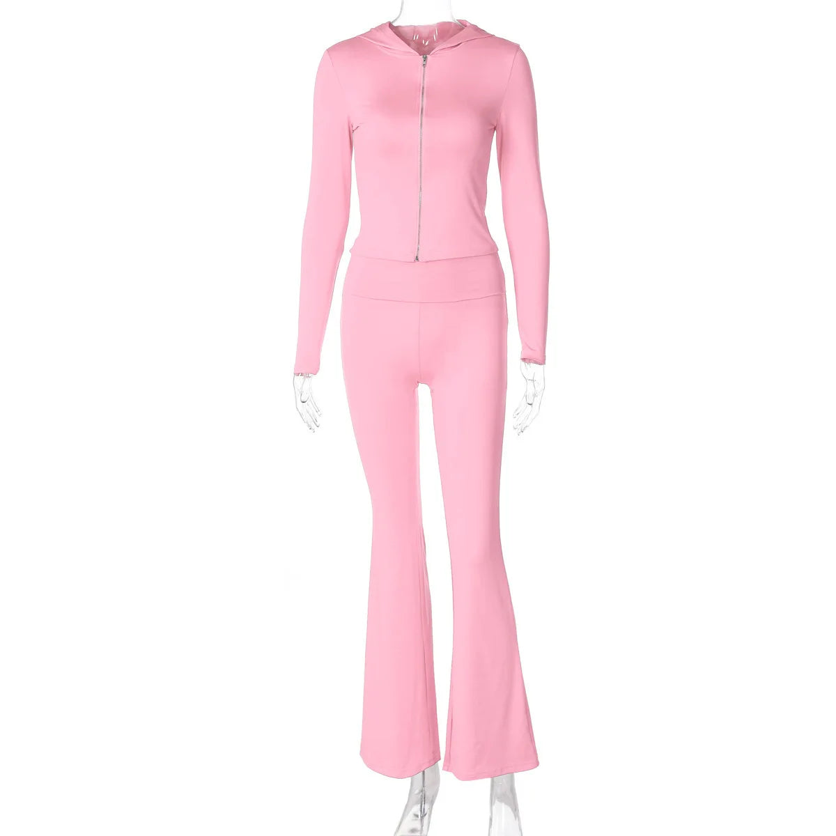 Mozision Hooded Top And Trousers Two Piece Sets Women Fashion Zipper Long Sleeve Tops And Flare Pant Female Casual Suit New voguable