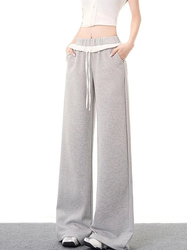 Elegant Vintage Gray Sweatpants Women High Waist Korean Sweet Wide Leg Pant Fall Retro Loose Ruffles Pockets Lady Trousers voguable