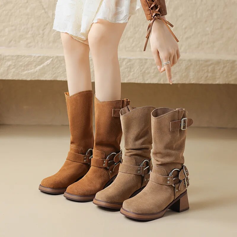 Women Mid-Calf Boots Cow Suede Leather Thick Heels Retro Square Toe Mature Office Lady Buckle Shoes Woman Autumn Winter Boots voguable