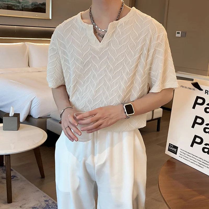 Voguable Summer Short-sleeved T-shirt Men Fashion Casual Black White Pleated T-shirt Men Streetwear Korean Loose V-neck T Shirt Men Tops voguable