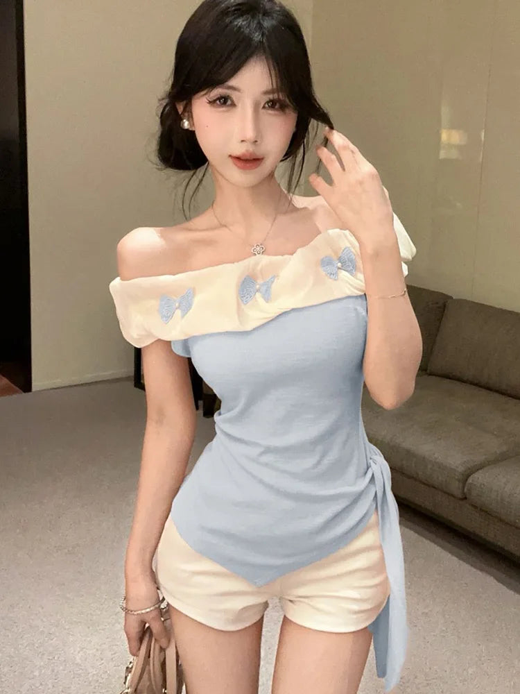 Sexy Off Shoulder Slim T Shirt Women Elegant Fashion Slash Neck Sweet Tees Korean Lace Up Design Irregular Butterfly Tops voguable