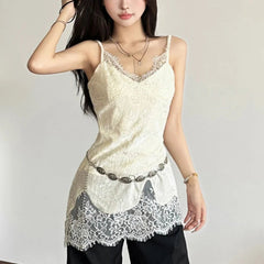 Lace Patchwork V-Neck Camis Women Y2K Summer Sexy Spaghetti Straps Sleeveless Tank Korean Fashion Irregular Female Vest voguable
