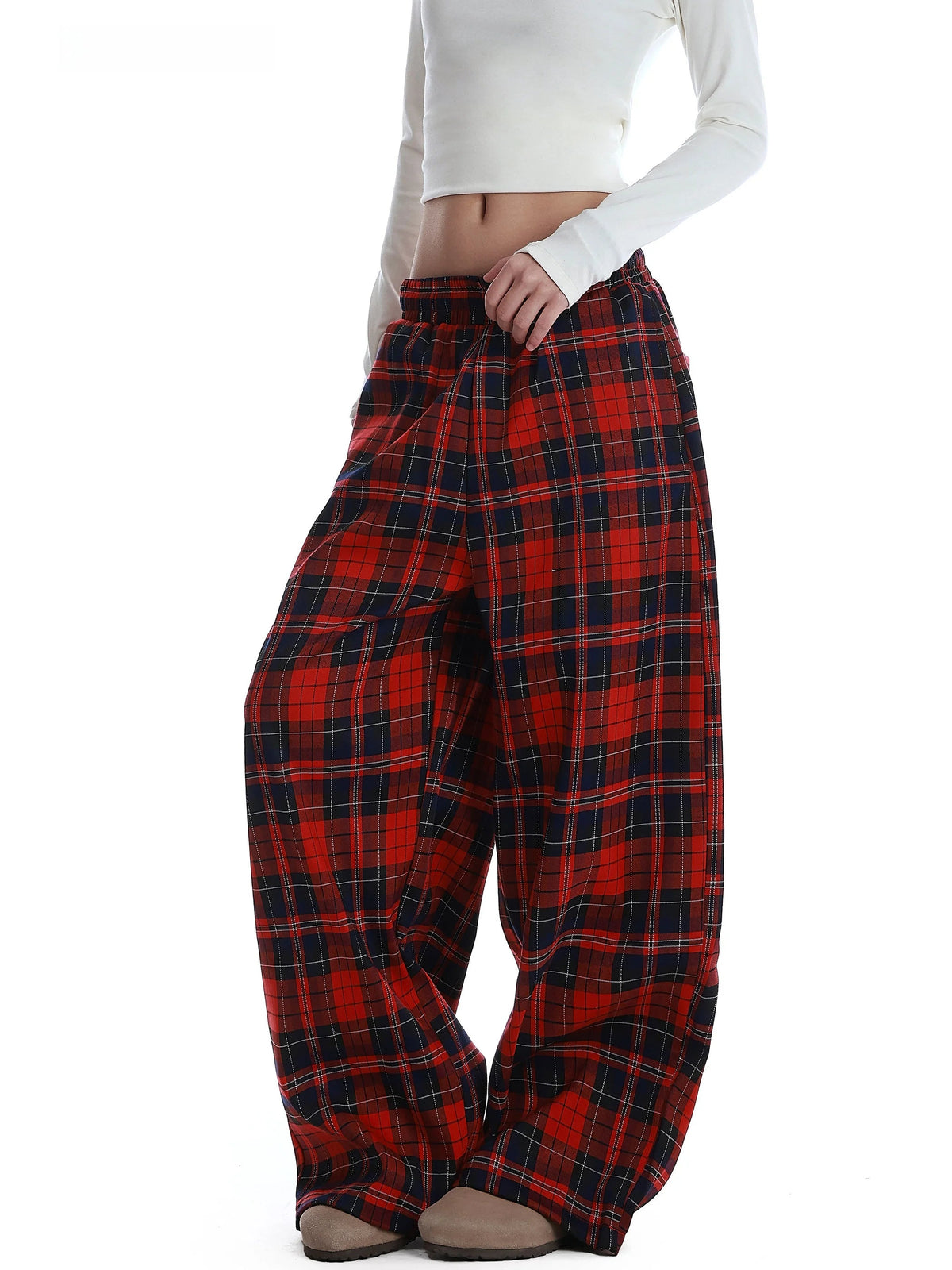 Voguable  American Street Retro Design Red Plaid Casual Pants Loose Straight Leg Trousers Lazy Wide Leg Trendy Men's Women's Pants voguable