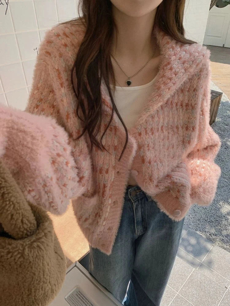 Mohair Sweet Pink Cardigan Sweater Women Elegant Lazy Wind Chic Knitted Coat Loose Long Sleeve Fashion High Quality Tops voguable