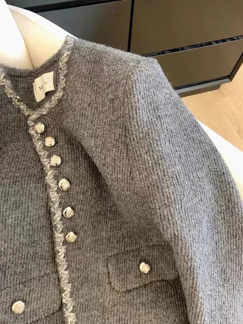 Gray Faux Woolen Coat Women Elegant Slim Vintage Long Sleeve Coat Casual O Neck Korean Retro Female Fall Winter Tops New voguable