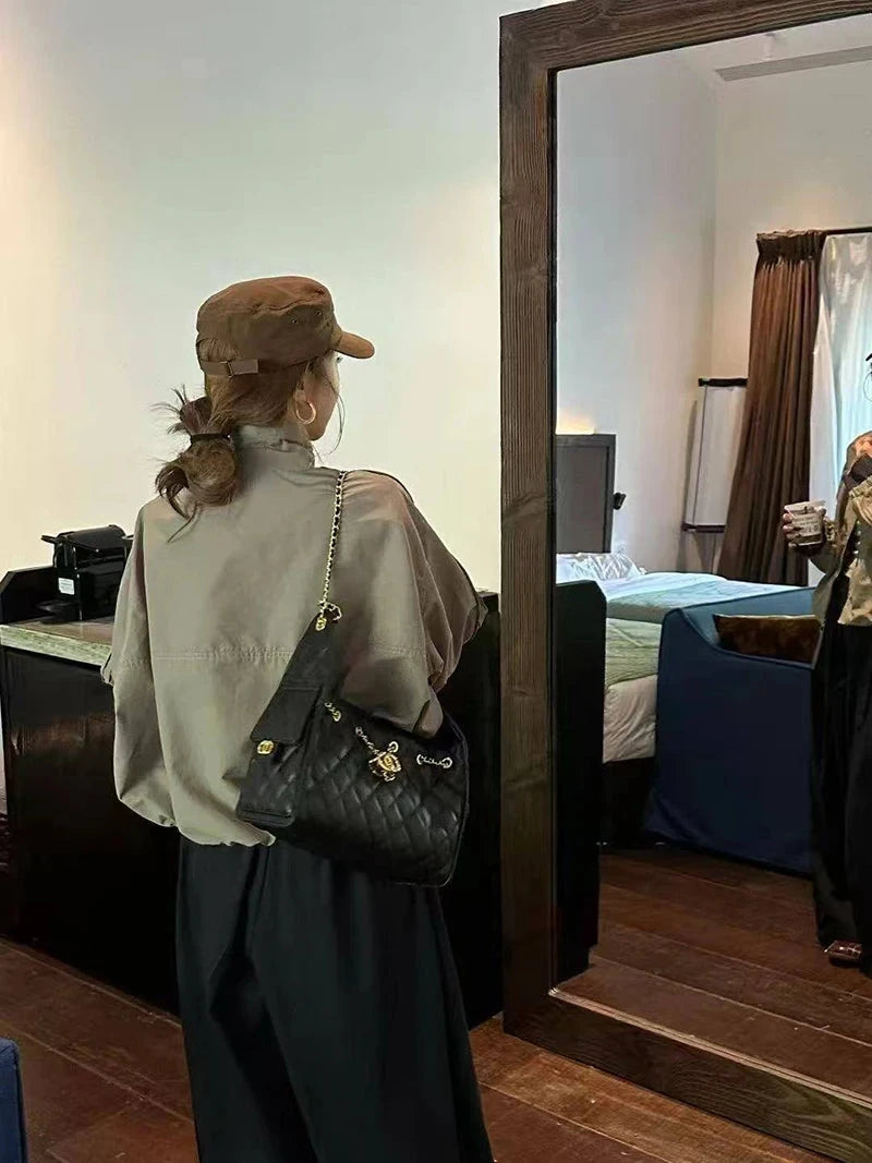 Harajuku Y2K Baseball Jacket Women Loose Vintage Plaid Patchwork Short Coat Streetwear Long Sleeve Vintage American Bf Tops voguable