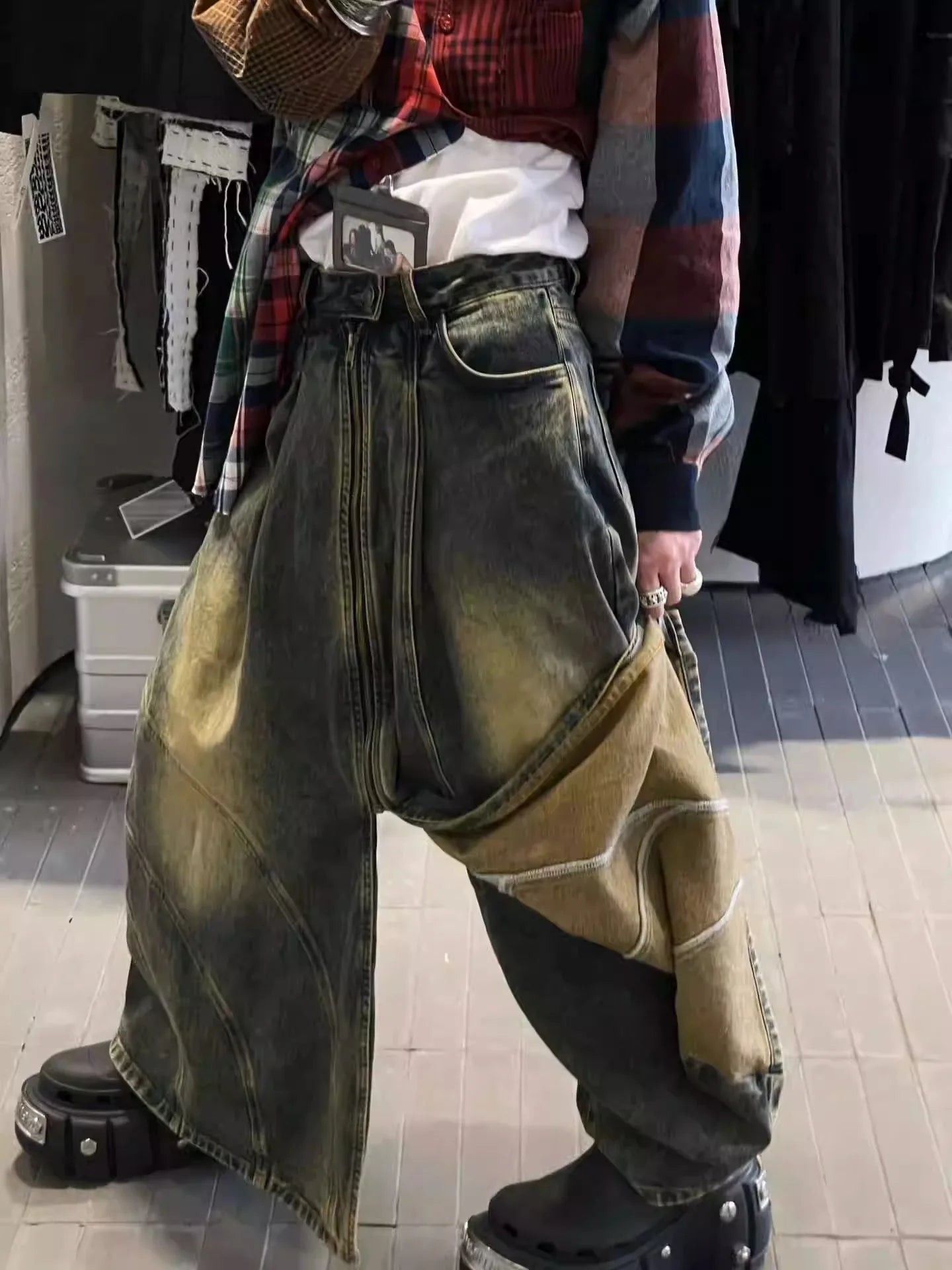 Voguable Fake Two-piece Loose Casual Zipper Jeans Women Autumn New Korean Distressed Washed All-match Denim Wide-leg Pants voguable