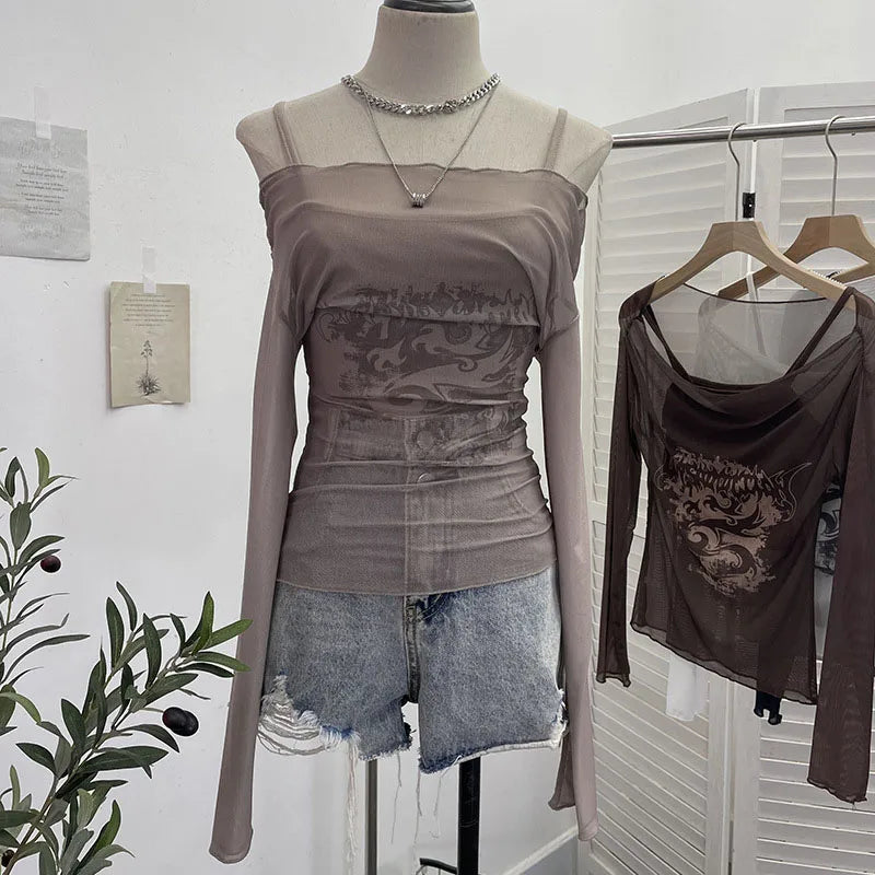 Sexy Slash Neck Mesh Sunscreen T Shirt Y2K Streetwear Print Long Sleeve Patchwork Camis Suit Fashion Folds Slim All Match Tees voguable