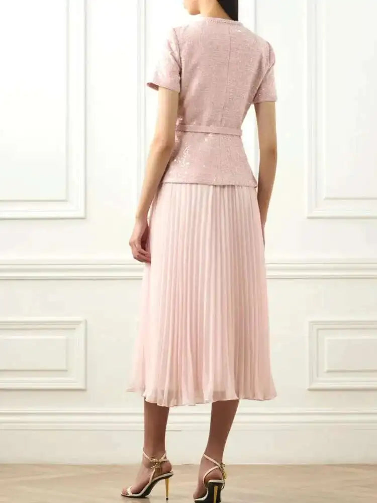Women's Elegant 2 Pcs Set O Neck Short Sleeve Sequins Tweed Belt Coat High Waist Pleated Skirts Sets 2025 New Autumn voguable