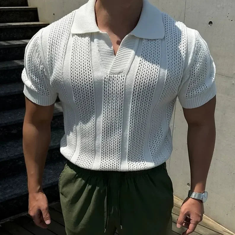 Men's Summer Korean Style Lightweight Knitshort Sleevespolo Shirt Hollow Mesh Texture Knitwear T-shirt Top Body Shirt voguable
